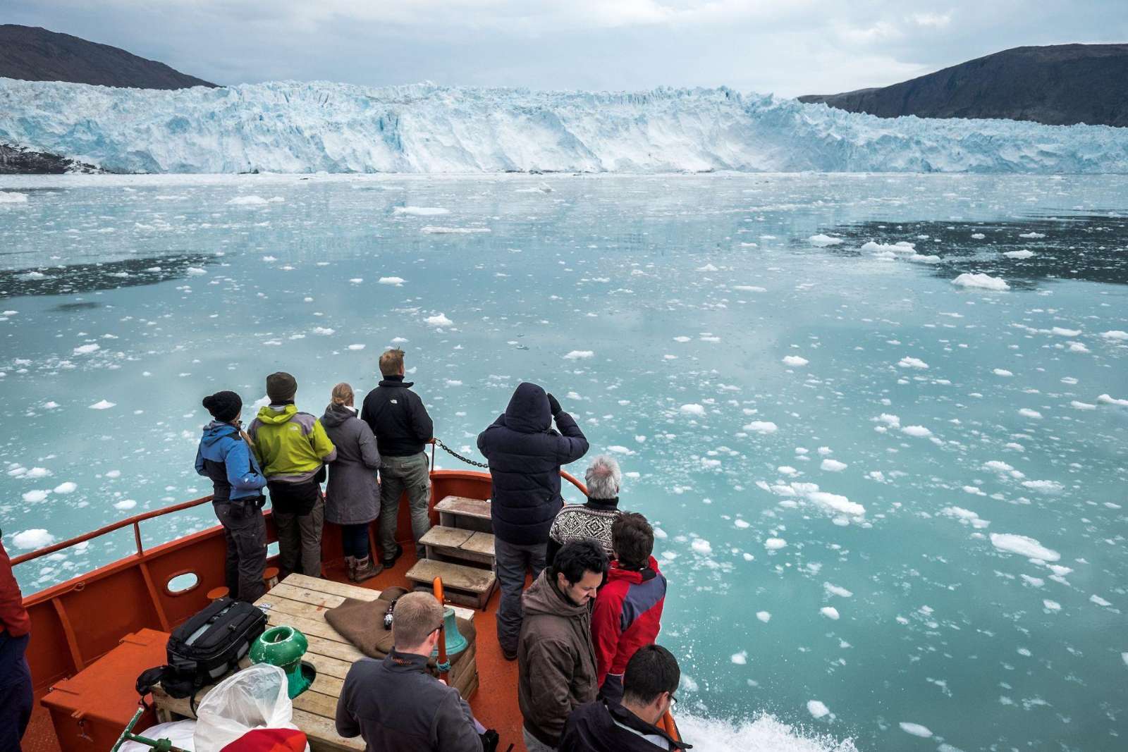 A tour boat near the Eqi Glacier in North Greenland