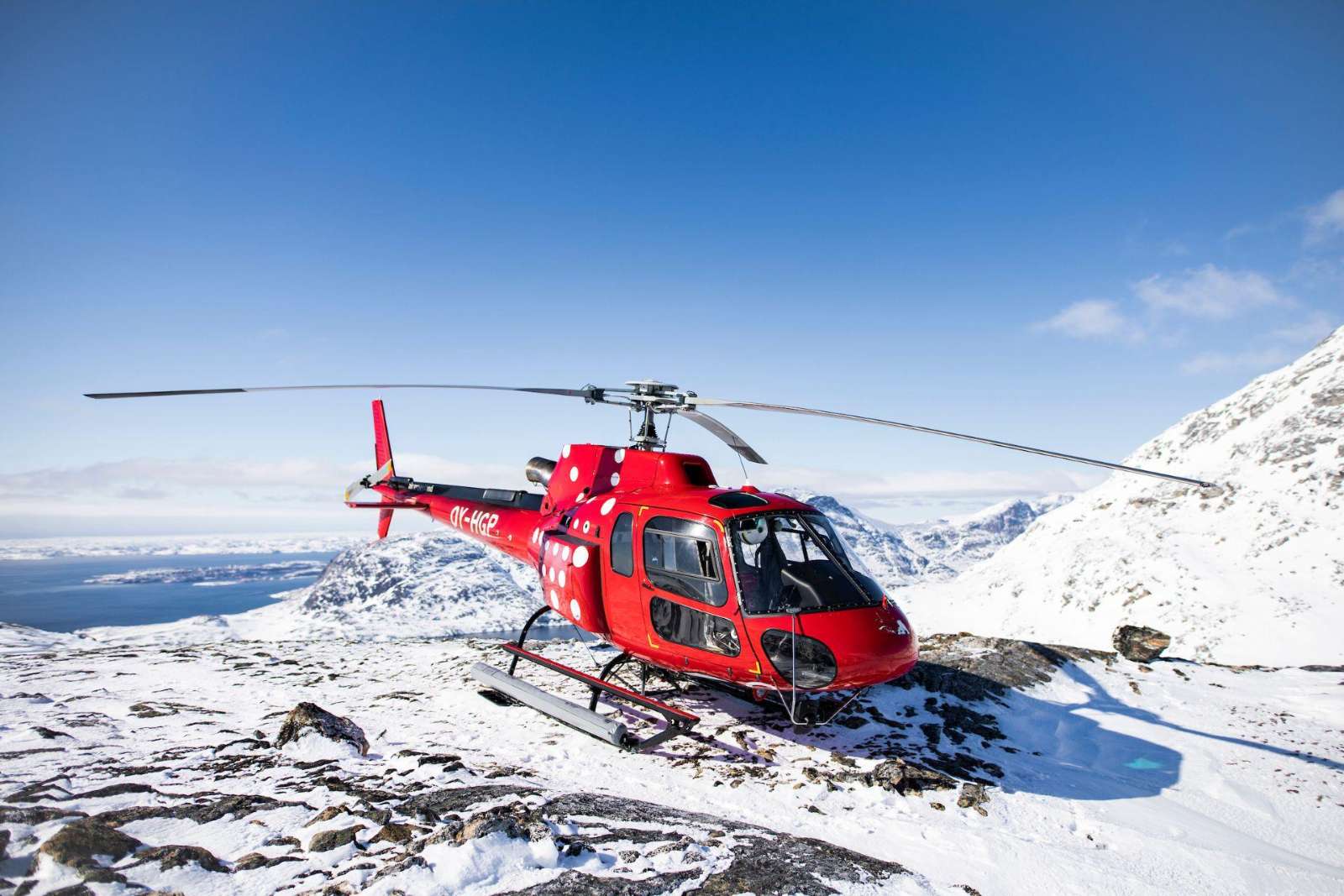 An Air Greenland helicopter over the Nuuk fjord