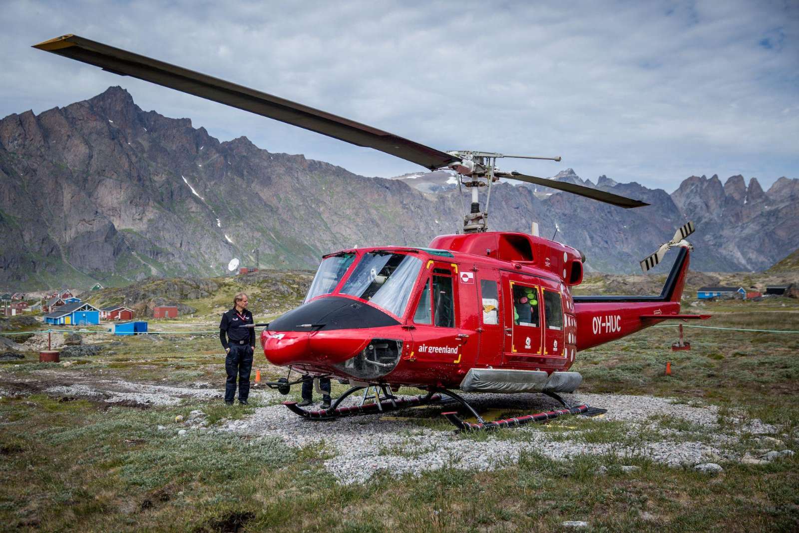 An Air Greenland helicopter at the Narsarmiit helistop in South Greenland