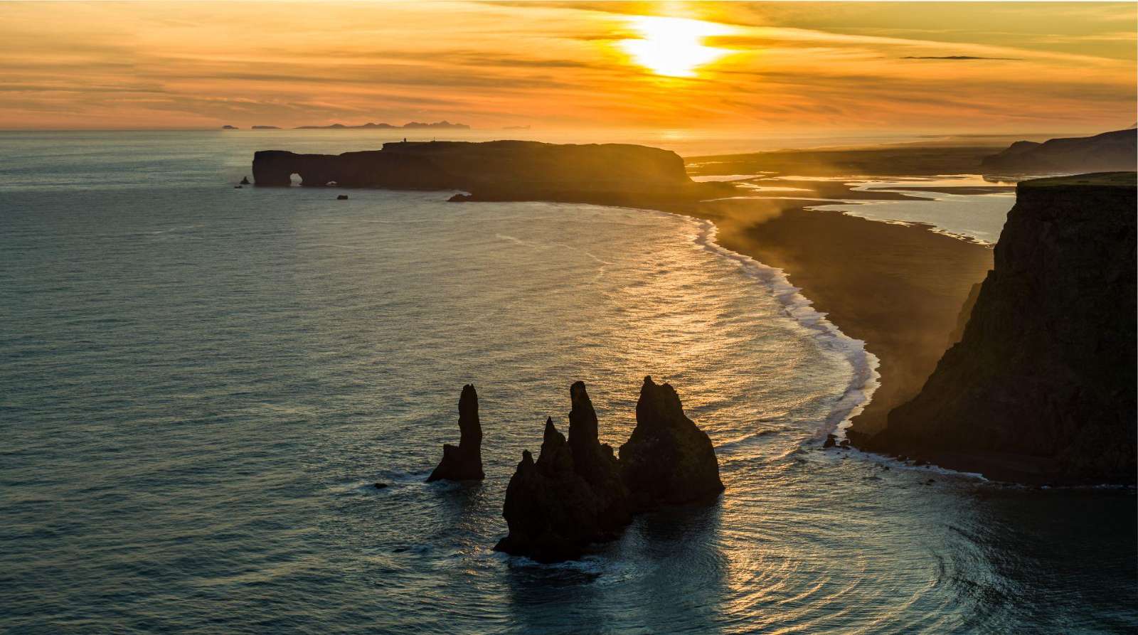 Aerial view of Reynisdrangar sea stacks at sunset, south Iceland