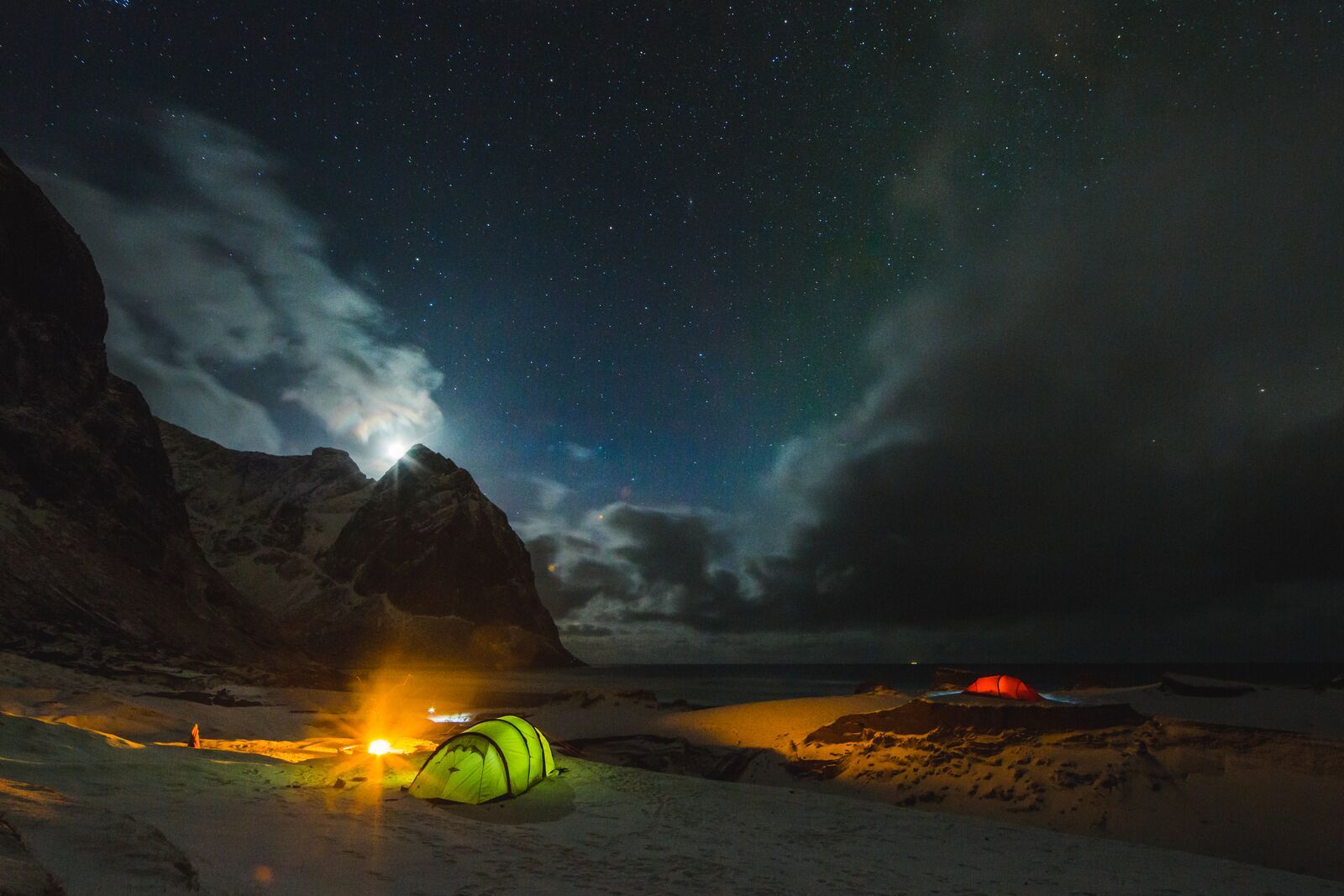 Camping above Kvalvika beach in Lofoten, Norway